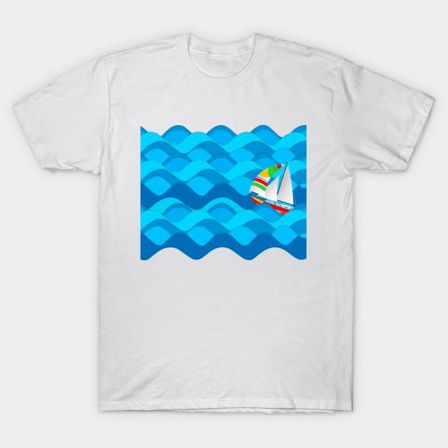 Sail Boat with Spinnaker riding the Ocean Waves T-Shirt by Sailfaster Designs